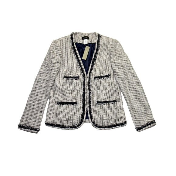 NWT J.Crew Terrazo Tweed Jacket in Navy White V-neck Chain Fringe Trim 6 - Picture 1 of 6